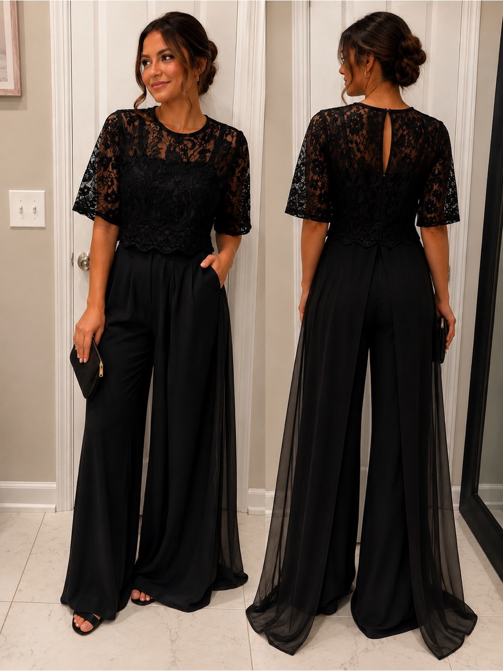 Black Lace Bodice Wide-Leg Jumpsuit, with sheer black train.